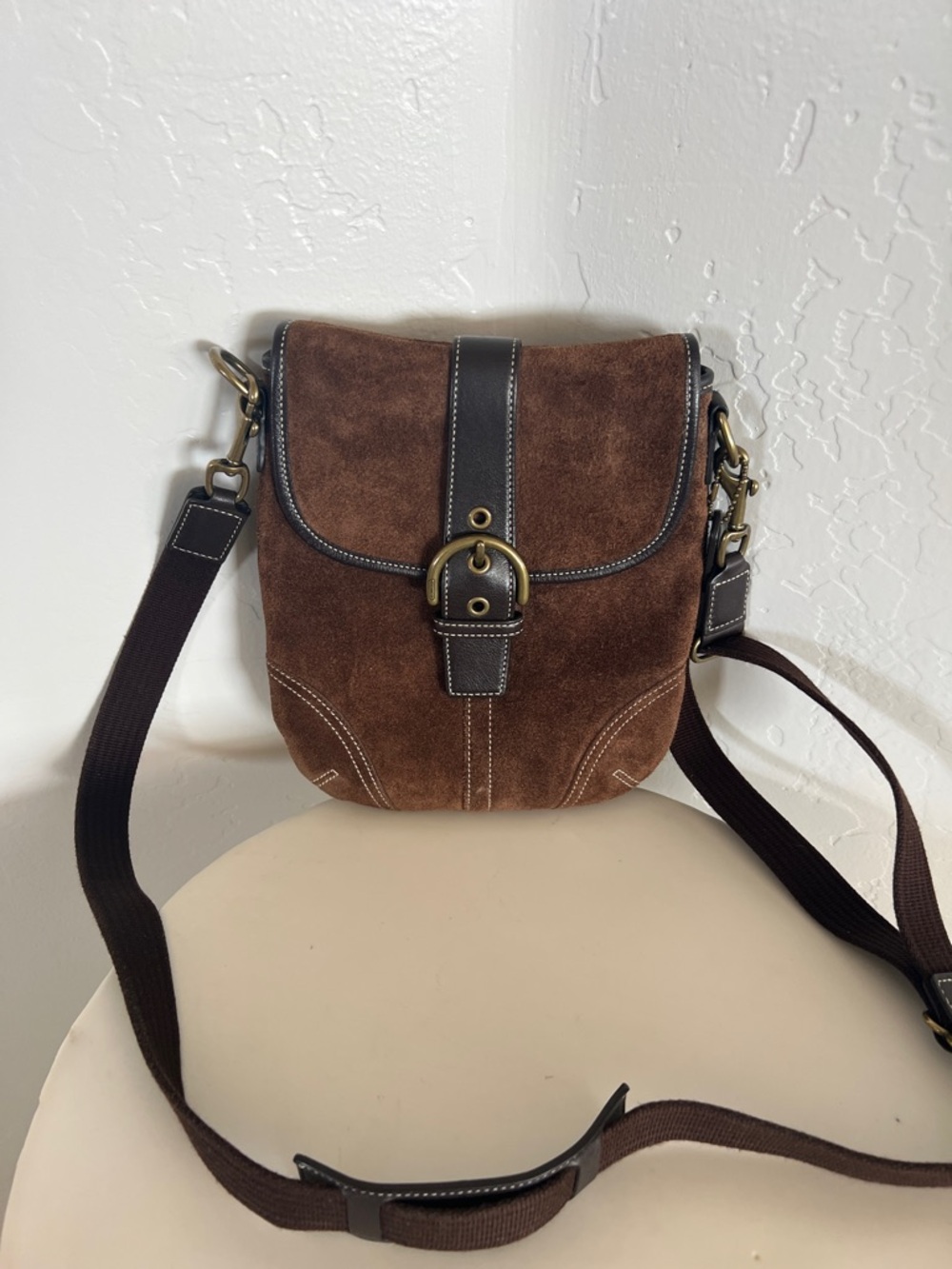 Coach Brown Suede Crossbody with Buckle Trim